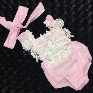 Soft Pink with Lace X Romper Jumpsuit with headband